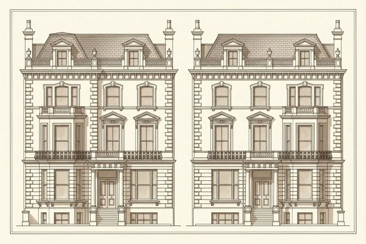 Street elevation of tall Italianate villas with columned porches, Belsize Park