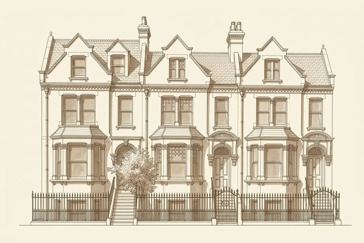 Street elevation of red-brick Victorian houses in Hampstead