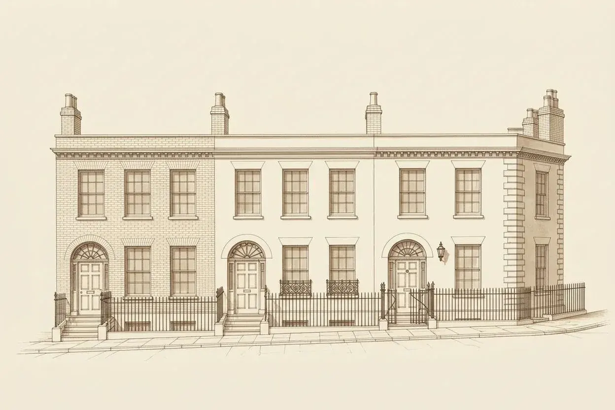 Street elevation of Georgian brick houses, Highgate village