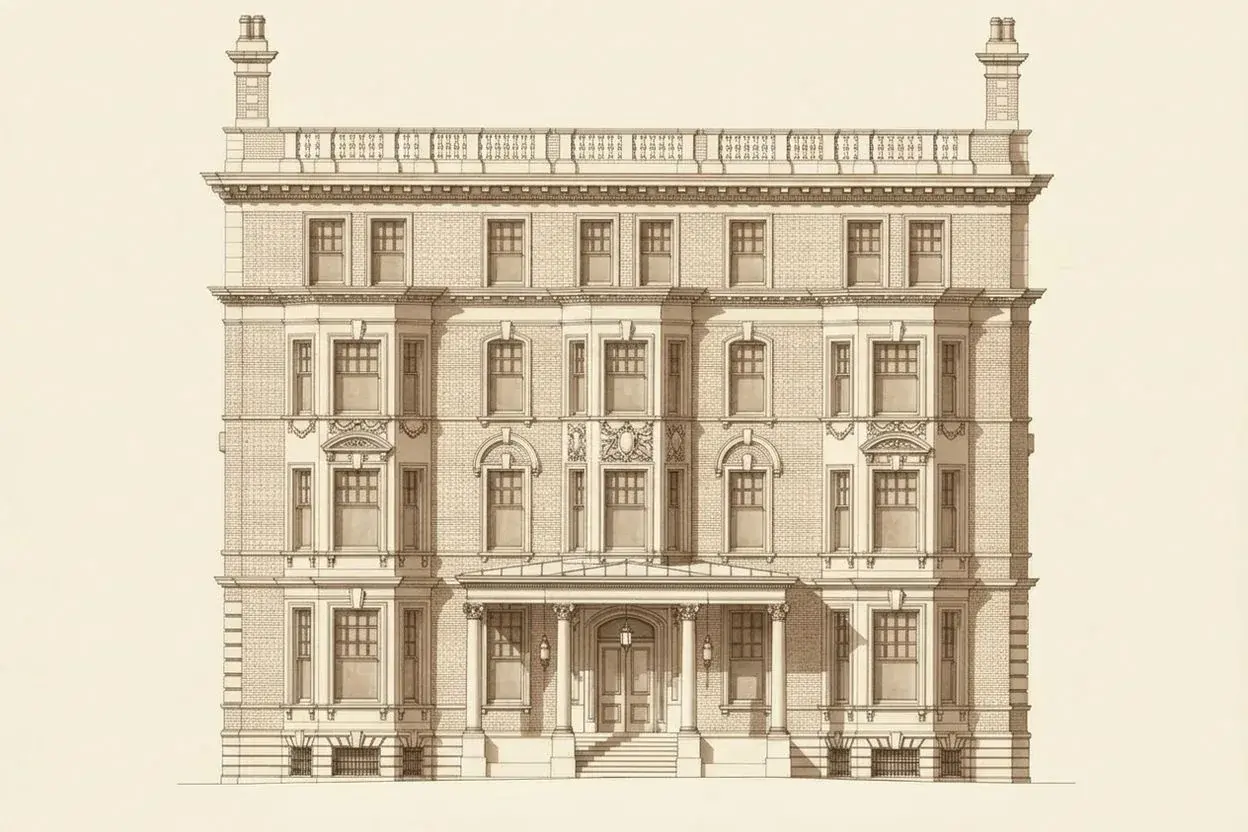 Front elevation of a red-brick Edwardian mansion block, Maida Vale
