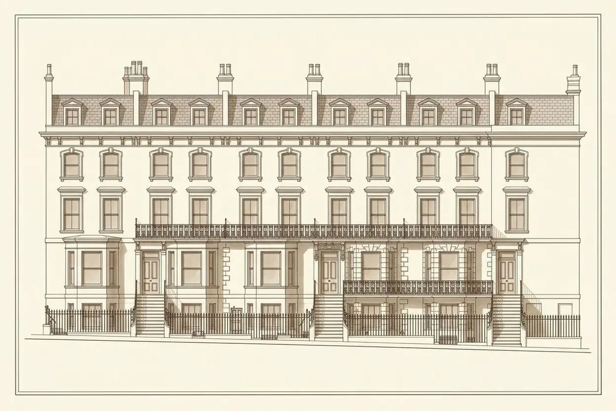 Street elevation of cream stucco terraces climbing a hill, Primrose Hill