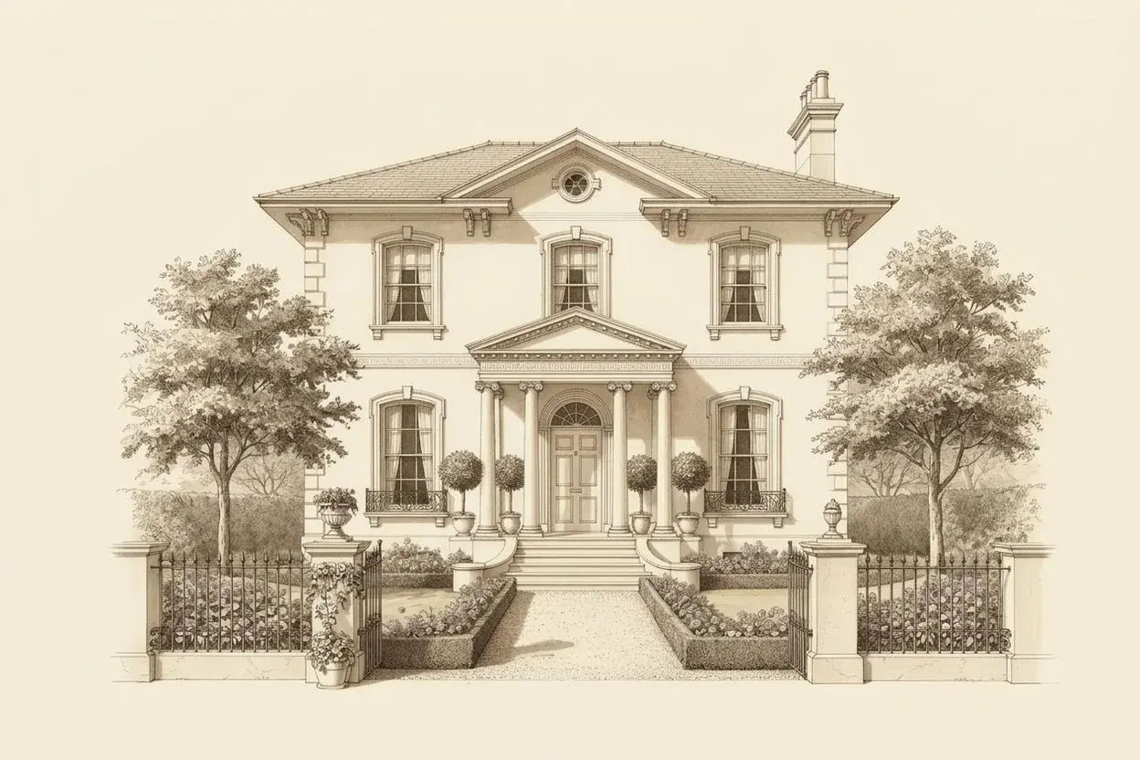 Front elevation of a stucco villa with a portico and front garden, St John’s Wood