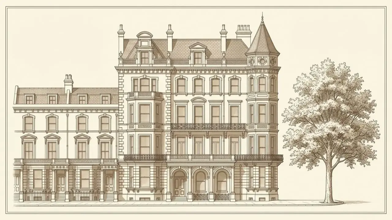 Street elevation of a turreted Victorian mansion block beside a stucco terrace, Swiss Cottage
