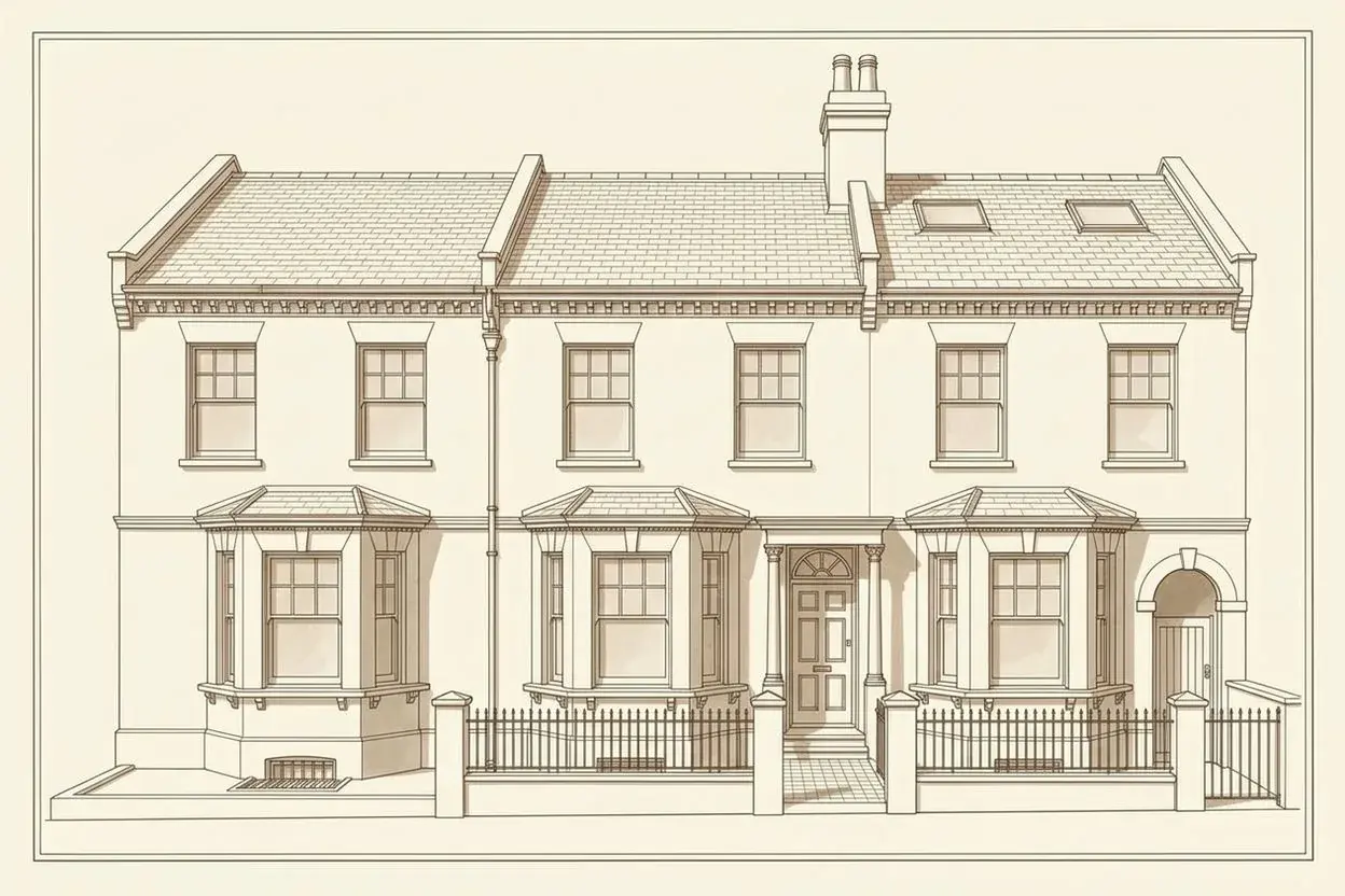 Street elevation of a Victorian bay-fronted terrace, West Hampstead