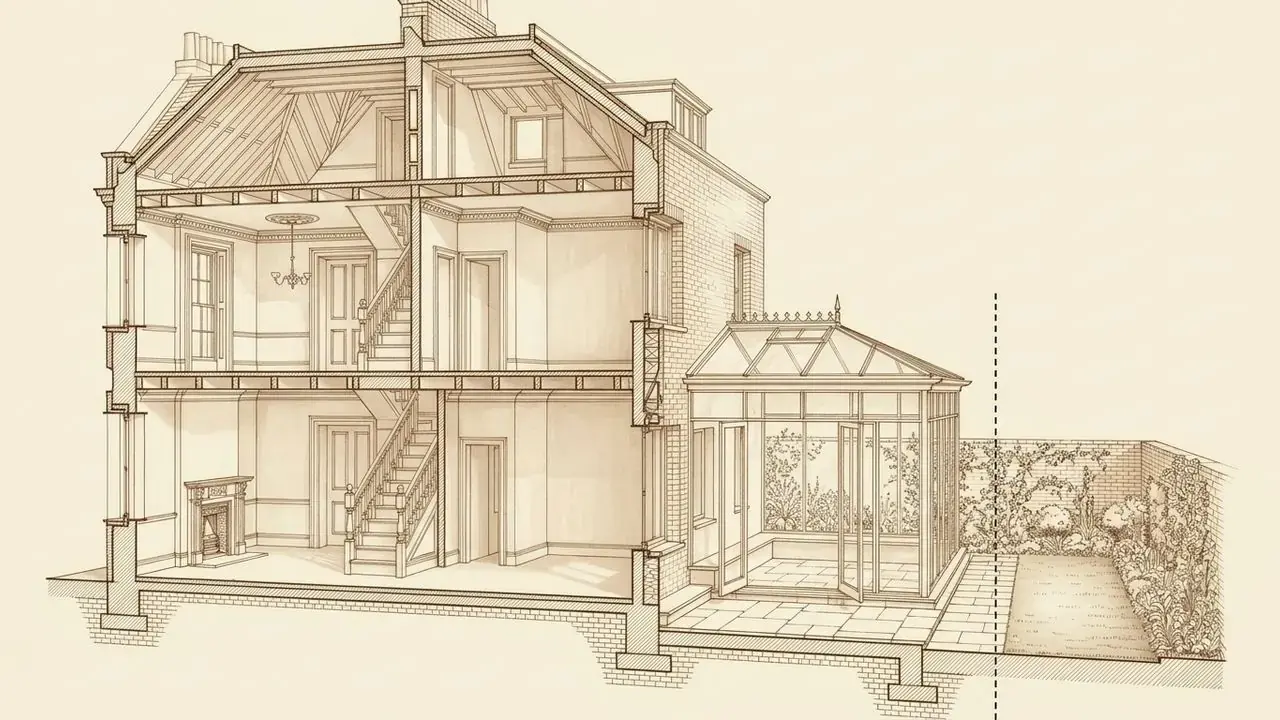 Section through a London house and rear garden extension