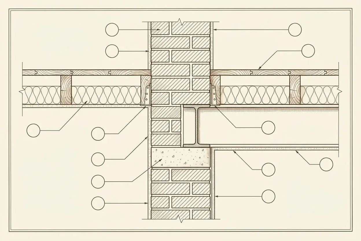 Construction detail of a steel beam on a padstone in a brick wall, with insulated floor joists, building-regulations study