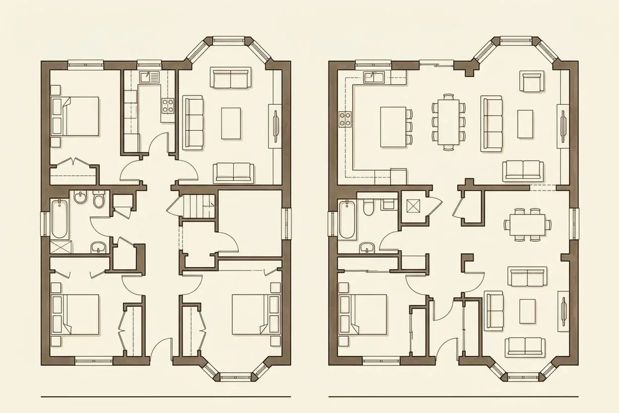 Existing and proposed floor plans of a London flat, opened up into a kitchen, dining and living room