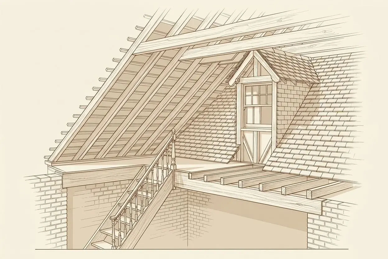Cutaway of a Victorian roof with a dormer and stair, loft-conversion study