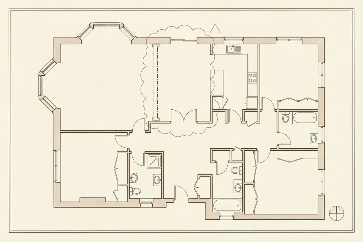 Mansion-flat floor plan marked up with a proposed wall removal and new steel beam, for Licence to Alter
