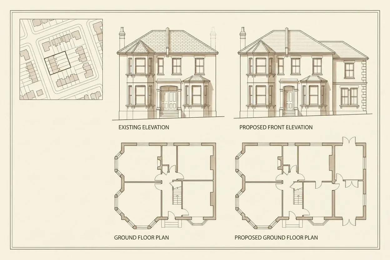Householder planning drawing set: site plan, existing and proposed elevations and ground-floor plans