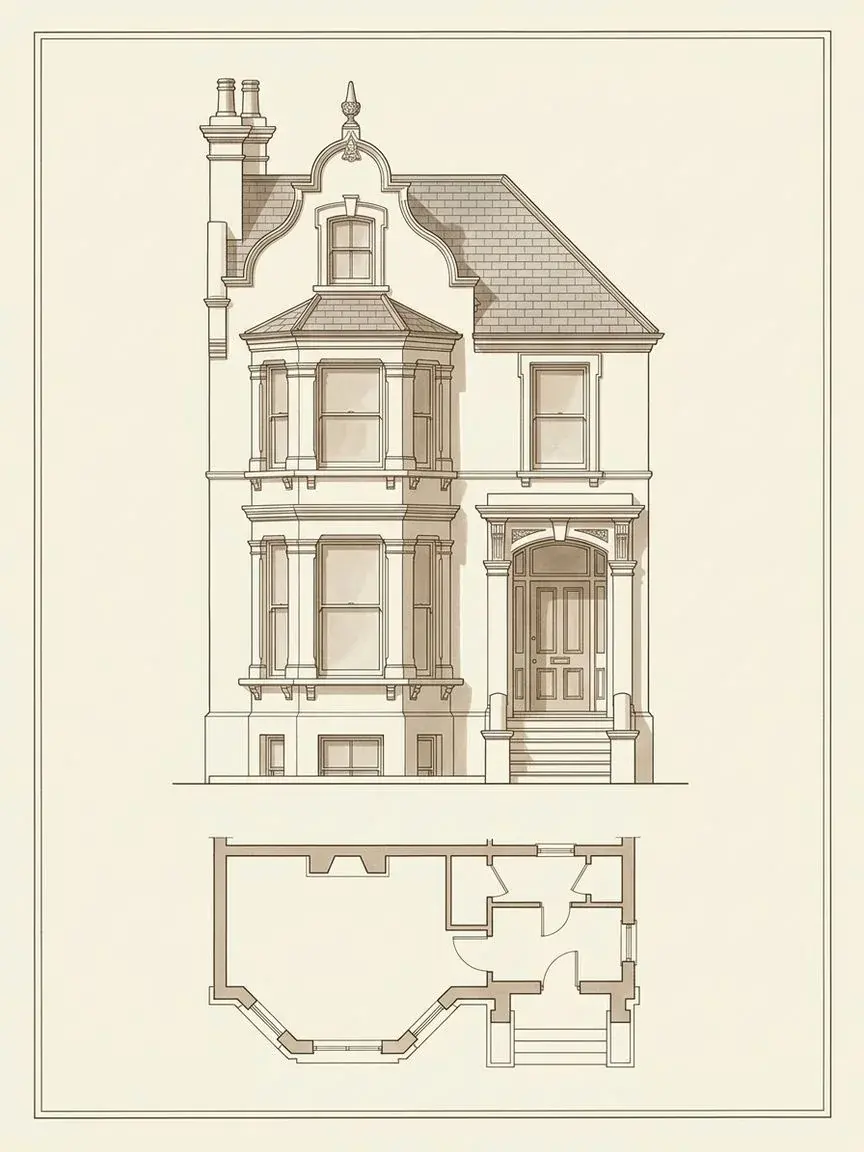Front elevation and ground-floor plan of a London Victorian townhouse with a two-storey bay